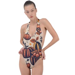Thanksgiving Pattern Backless Halter One Piece Swimsuit by Valentinaart