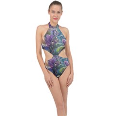Abstract Blossoms  Halter Side Cut Swimsuit by Internationalstore
