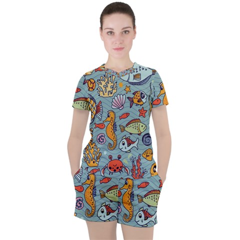 Cartoon Underwater Seamless Pattern With Crab Fish Seahorse Coral Marine Elements Women s T-shirt And Shorts Set by uniart180623