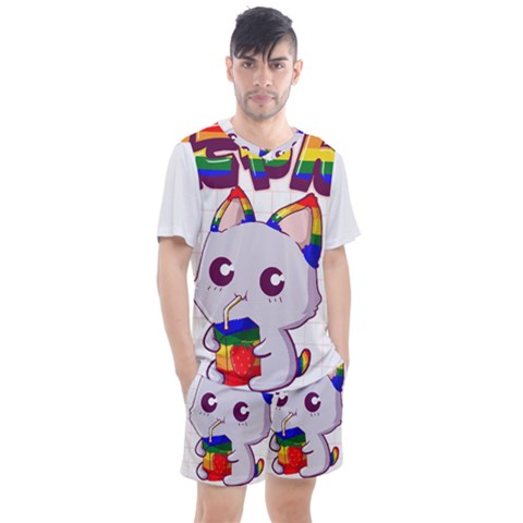 Gay Pride T- Shirt Gay Pride Kawaii Cat Strawberry Milk Rainbow Flag T- Shirt Men s Mesh T-shirt And Shorts Set by ZUXUMI