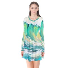 Waves Ocean Sea Tsunami Nautical Painting Long Sleeve V-neck Flare Dress by uniart180623