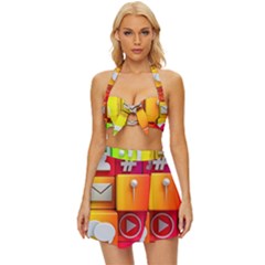 Colorful 3d Social Media Vintage Style Bikini Top And Skirt Set  by Ket1n9