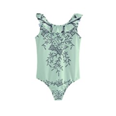 Illustration Of Butterflies And Flowers Ornament On Green Background Kids  Frill Swimsuit by Ket1n9