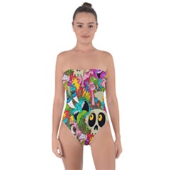 Crazy Illustrations & Funky Monster Pattern Tie Back One Piece Swimsuit by Ket1n9