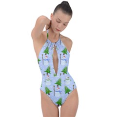 New Year Christmas Snowman Pattern, Plunge Cut Halter Swimsuit by Grandong