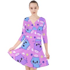 Seamless Pattern With Cute Kawaii Kittens Quarter Sleeve Front Wrap Dress by Grandong