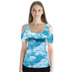 Blue Ocean Wave Texture Butterfly Sleeve Cutout T-shirt 
