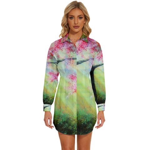 Forests Stunning Glimmer Paintings Sunlight Blooms Plants Love Seasons Traditional Art Flowers Sunsh Womens Long Sleeve Shirt Dress by Amaryn4rt