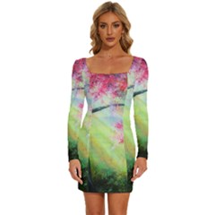 Forests Stunning Glimmer Paintings Sunlight Blooms Plants Love Seasons Traditional Art Flowers Sunsh Long Sleeve Square Neck Bodycon Velvet Dress by Amaryn4rt