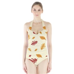 Leaves Autumn Fall Background Halter Swimsuit by Pakjumat