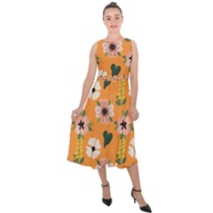 Flower Orange Pattern Floral Midi Tie-back Chiffon Dress by Dutashop