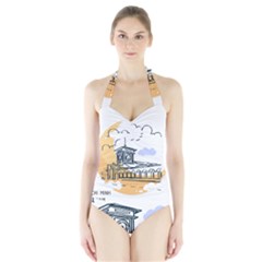 Poster Map Flag Lotus Boat Halter Swimsuit by Grandong