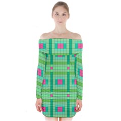 Checkerboard Squares Abstract Long Sleeve Off Shoulder Dress by Apen