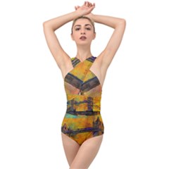 London Tower Abstract Bridge Cross Front Low Back Swimsuit by Amaryn4rt