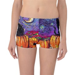Halloween Art Starry Night Hallows Eve Black Cat Pumpkin Reversible Boyleg Bikini Bottoms by Modalart