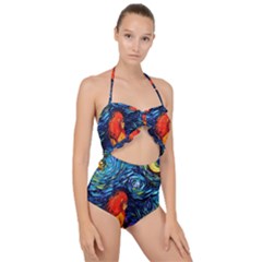 Lion Art Starry Night Van Gogh Scallop Top Cut Out Swimsuit by Modalart