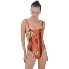 Amber Yellow Stripes Leaves Floral Tie Strap One Piece Swimsuit by Pakjumat