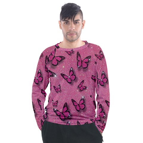 Pink Glitter Butterfly Men s Long Sleeve Raglan T-shirt by Modalart