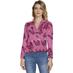 Pink Glitter Butterfly Women s Long Sleeve Revers Collar Cropped Jacket by Modalart