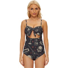 Grunge Seamless Pattern With Skulls Knot Front One-piece Swimsuit