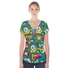 Pop Art Colorful Seamless Pattern Short Sleeve Front Detail Top by Bedest