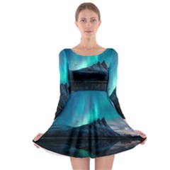Aurora Borealis Mountain Reflection Long Sleeve Skater Dress