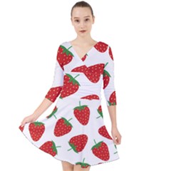 Seamless Pattern Fresh Strawberry Quarter Sleeve Front Wrap Dress