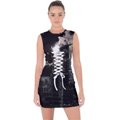 City Night Moon Skyline Skyscraper Lace Up Front Bodycon Dress by Grandong
