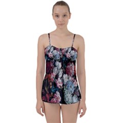 Floral Pattern, Red, Floral Print, E, Dark, Flowers Babydoll Tankini Set by nateshop