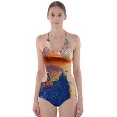 Digital Art Fantasy Impressionism Painting Ship Boat Psychedelic Peacock Mushroom Flamingos Hipwreck Cut-out One Piece Swimsuit by Sarkoni