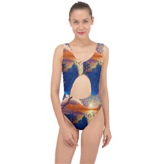 Digital Art Fantasy Impressionism Painting Ship Boat Psychedelic Peacock Mushroom Flamingos Hipwreck Center Cut Out Swimsuit by Sarkoni