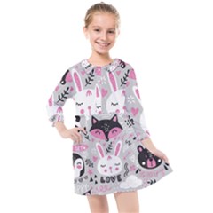 Big Set With Cute Cartoon Animals Bear Panda Bunny Penguin Cat Fox Kids  Quarter Sleeve Shirt Dress by Bedest