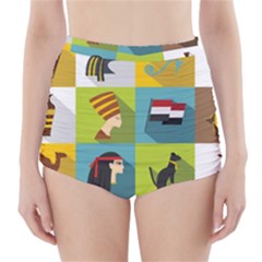 Egypt Travel Items Icons Set Flat Style High-waisted Bikini Bottoms by Bedest