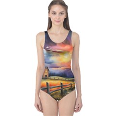 Rural Farm Fence Pathway Sunset One Piece Swimsuit by Bedest