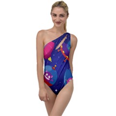 Cartoon Funny Aliens With Ufo Duck Starry Sky Set To One Side Swimsuit by Ndabl3x