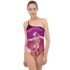 Astronaut Spacesuit Standing Surfboard Surfing Milky Way Stars Classic One Shoulder Swimsuit by Ndabl3x