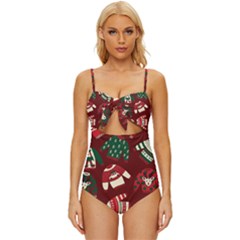 Ugly Sweater Wrapping Paper Knot Front One-piece Swimsuit