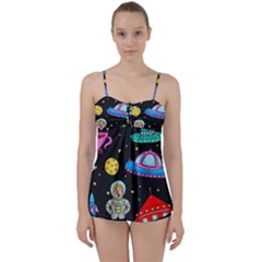 Seamless Pattern With Space Objects Ufo Rockets Aliens Hand Drawn Elements Space Babydoll Tankini Set by Hannah976