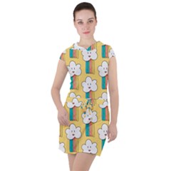 Smile Cloud Rainbow Pattern Yellow Drawstring Hooded Dress by Apen