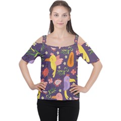 Exotic Seamless Pattern With Parrots Fruits Cutout Shoulder T-shirt
