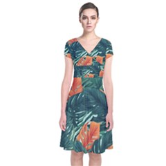 Green Tropical Leaves Short Sleeve Front Wrap Dress by Jack14