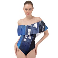 Tardis Doctor Who Space Blue Off Shoulder Velour Bodysuit  by Cendanart