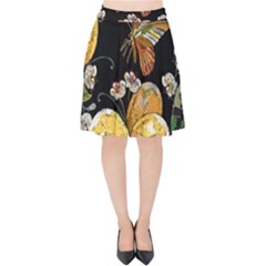 Embroidery Blossoming Lemons Butterfly Seamless Pattern Velvet High Waist Skirt by Ket1n9