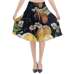 Embroidery Blossoming Lemons Butterfly Seamless Pattern Flared Midi Skirt by Ket1n9