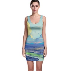 Mountains And Trees Illustration Painting Clouds Sky Landscape Bodycon Dress by Cendanart