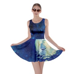 Night Sky Blue Moon Boat Reflection Skater Dress
