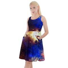 Colorful Light Fun Night Sky The Moon Stars Knee Length Skater Dress With Pockets by CoolDesigns
