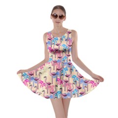 Beige Pink Aqua Flamingo Bird Pattern Skater Dress