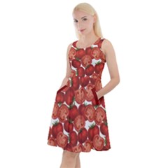 Red Vegetable Organic Food Ripe Sliced Tomato Pixeled Pattern Knee Length Skater Dress With Pockets by CoolDesigns
