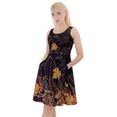 Black Fall Autumn Leaves Shadow Pattern Knee Length Skater Dress With Pockets by CoolDesigns
